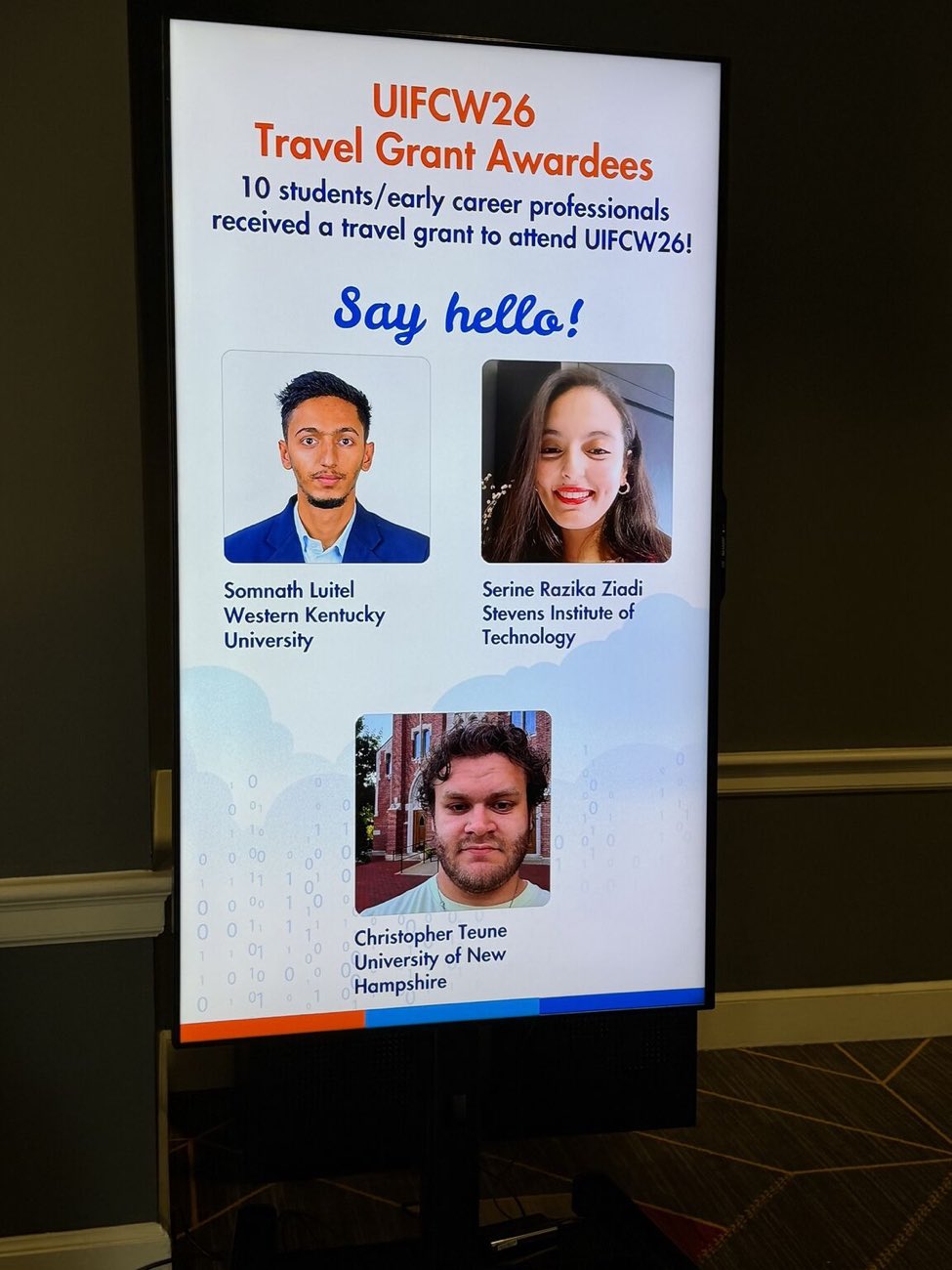 UIFCW26 Travel Grant Awardees signage featuring Somnath Luitel